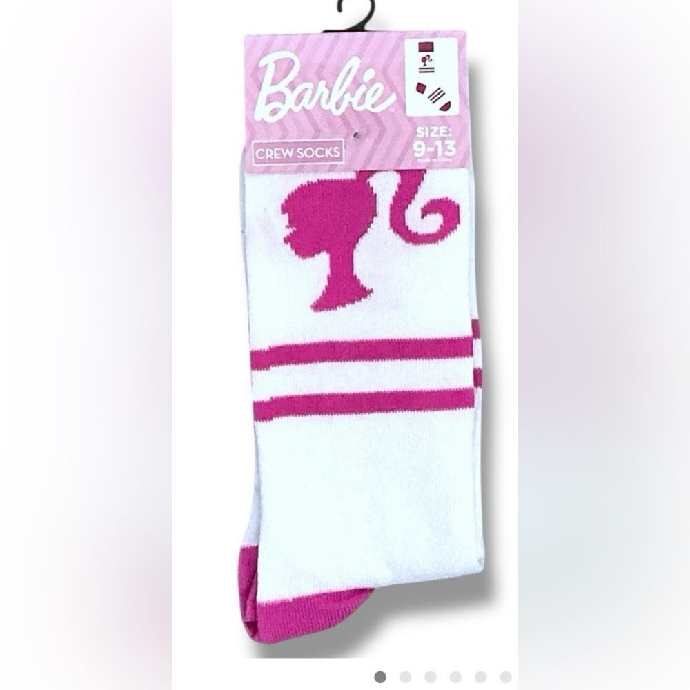 New Barbie Crew Socks Stripe Novelty Casual Pink White Adult 9-13 One Size NWT
